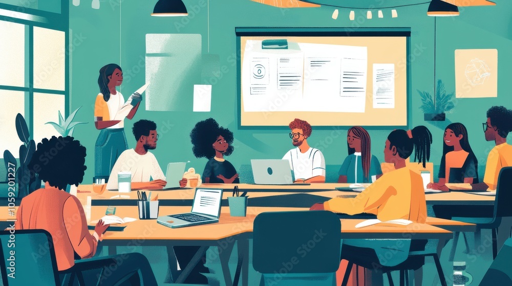 A group of diverse individuals in a classroom setting, sharing ideas and working together on A group of diverse individuals in a classroom setting, sharing ideas and working together on