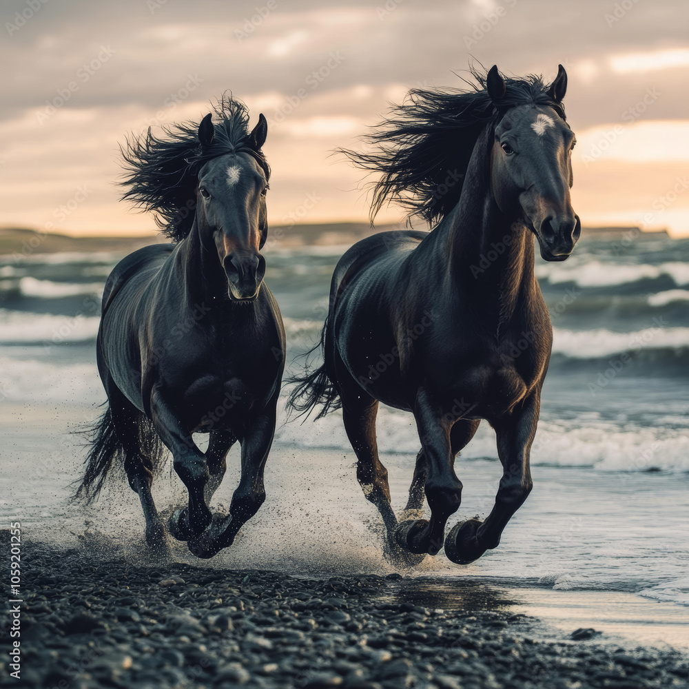 Black horses with flowing manes gallop along the shimmering shoreline, their powerful forms contrasting against the vibrant sea. Black horses with flowing manes gallop along the shimmering shoreline, their powerful forms contrasting against the vibrant sea.
