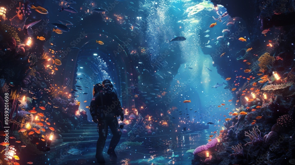 Scuba Diver Exploring Vibrant Coral Reef Ecosystem Scuba Diver Exploring Vibrant Coral Reef Ecosystem
