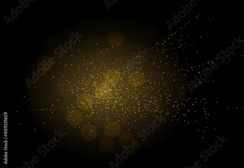 Golden glitter confetti falling on black vector background. Shining gold shimmer luxury design card. Christmas glowing snow.