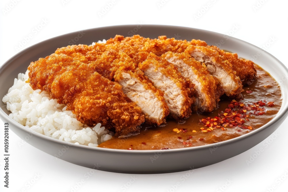 A dish of chicken katsu curry rice on a white backdrop accompanied by optional chili flakes A dish of chicken katsu curry rice on a white backdrop accompanied by optional chili flakes