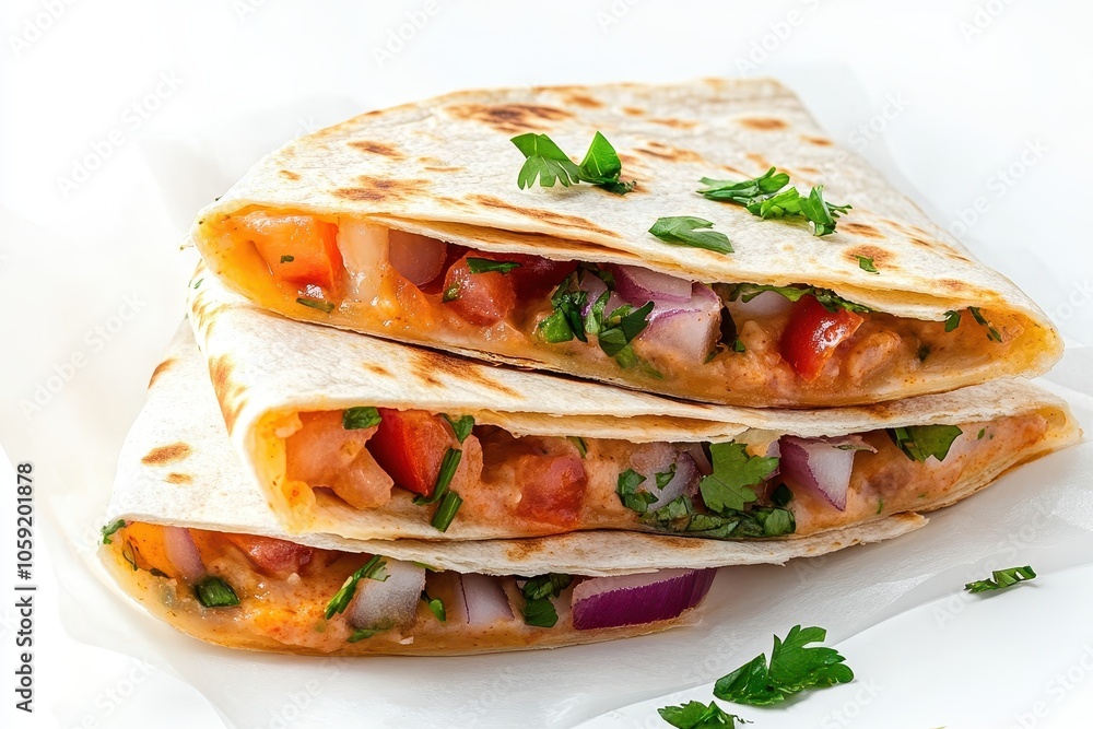 A few cooked wheat tortilla quesadilla segments filled with onion tomato and herbs wrapped in wax paper on a white backdrop A few cooked wheat tortilla quesadilla segments filled with onion tomato and herbs wrapped in wax paper on a white backdrop