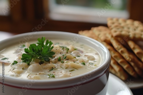 A dish of tasty homemade New England clam chowder topped with parsley and served with salted crackers