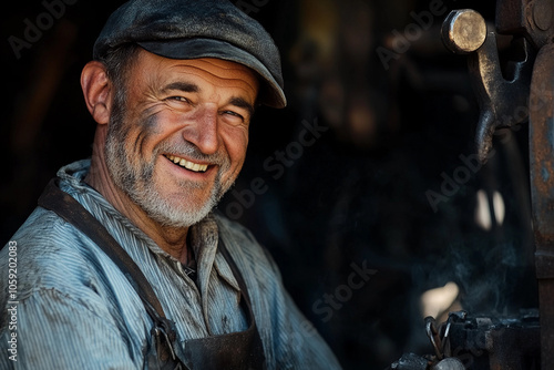 Smiling blacksmith working in a historic workshop