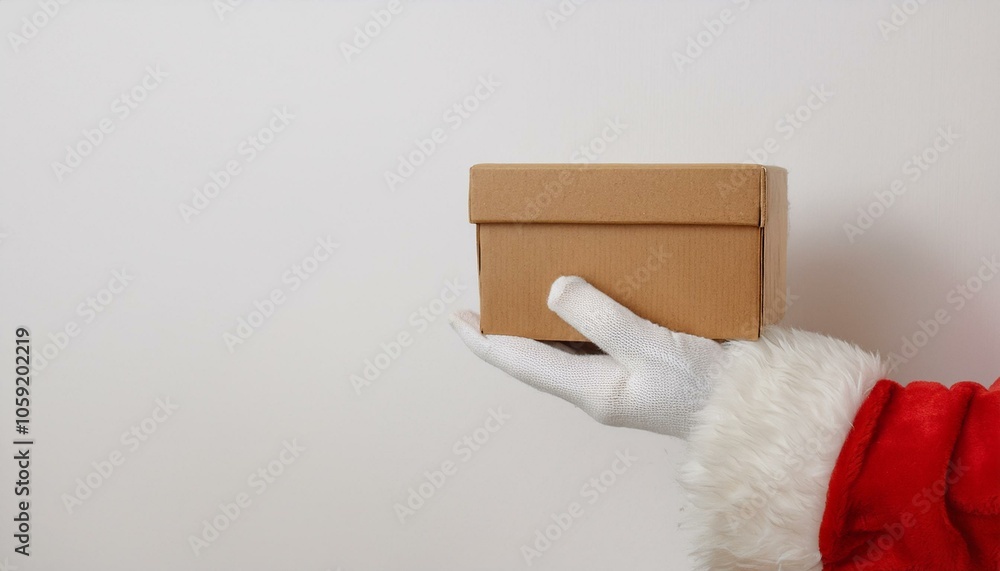 Fototapeta premium Santa's hands holding a brown box with present. On white background. Free space for text. New Year postcard. Santa Claus wearing white gloves, closeup.