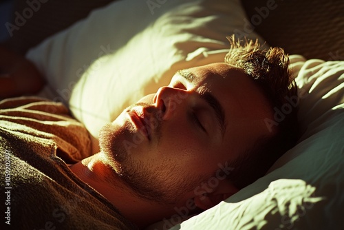 Man drooling on his pillow during a nap, afternoon light, close-up, tranquil, side angle 1 photo