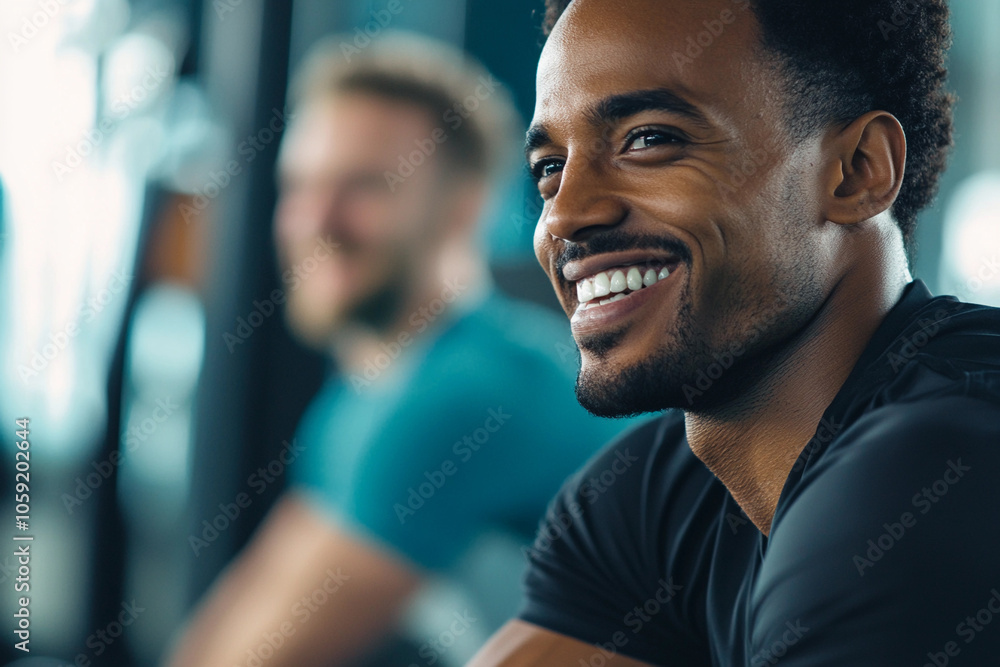 Man smiling during workout at gym with friend nearby Man smiling during workout at gym with friend nearby