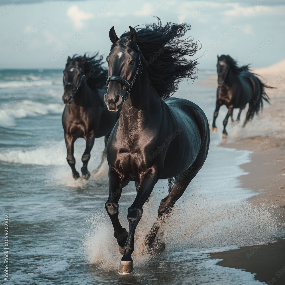 Black horses with flowing manes gallop along the shimmering shoreline, their powerful forms contrasting against the vibrant sea. Black horses with flowing manes gallop along the shimmering shoreline, their powerful forms contrasting against the vibrant sea.