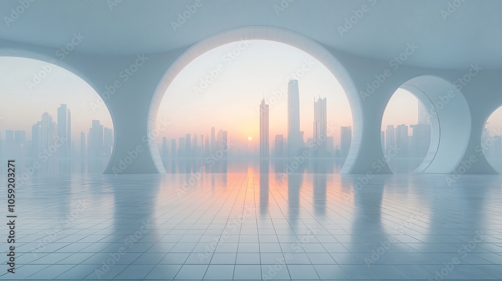 Urban Illusion: Commercial CBD Skyline with Exhibition Platforms and E-Commerce Under a Brilliant Sun Urban Illusion: Commercial CBD Skyline with Exhibition Platforms and E-Commerce Under a Brilliant Sun
