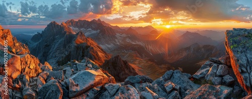 Sunset Over Mountain Ridge With Golden Hour Light