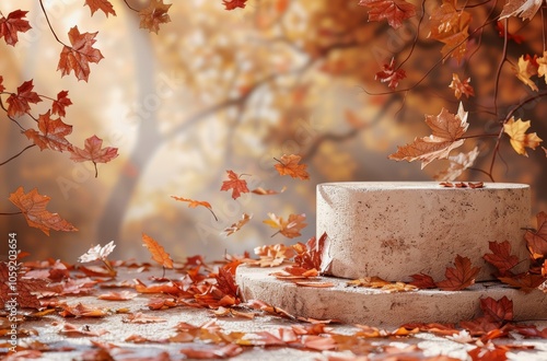 Autumn Leaves Surround a White Concrete Platform