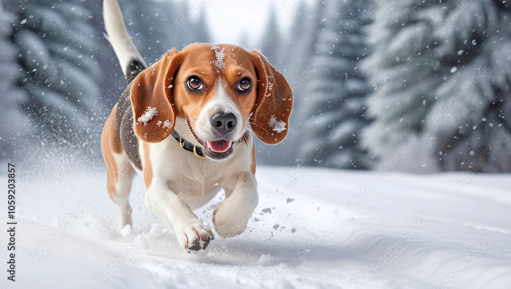 Happy Beagle Dog Playing and Running in Snow at Snowy Winter December Day Outside in Forest, Playful Cheerful Cute Puppy Pet Happy Beagle Dog Playing and Running in Snow at Snowy Winter December Day Outside in Forest, Playful Cheerful Cute Puppy Pet