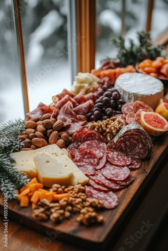 Gourmet charcuterie board with meats, cheeses, and fruits by a sunlit window