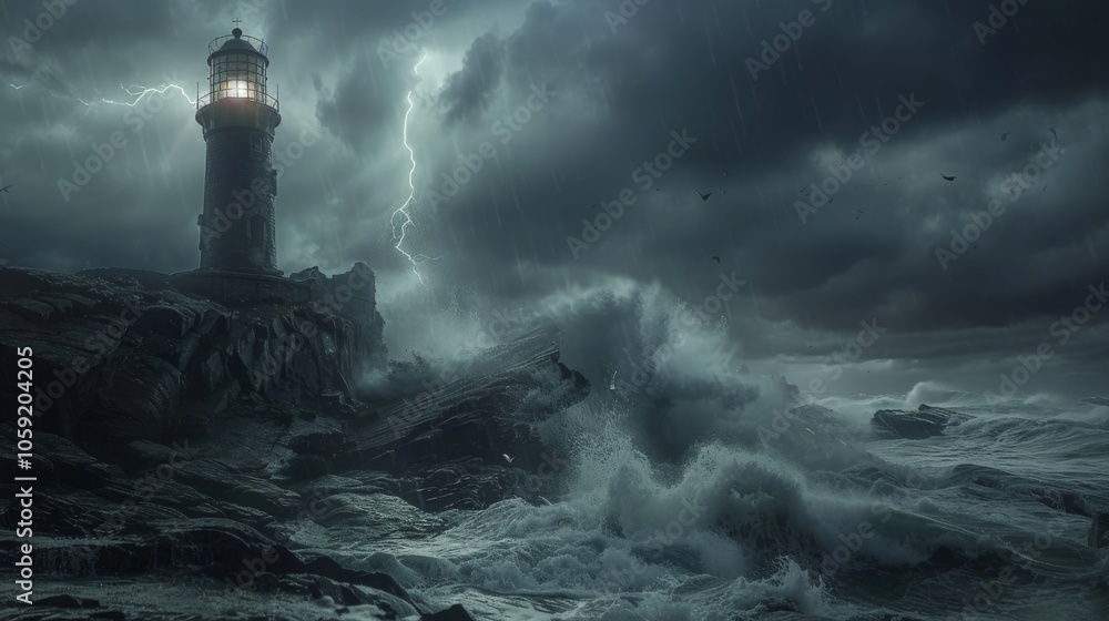 Lighthouse Battling Powerful Ocean Waves. Lighthouse Battling Powerful Ocean Waves.