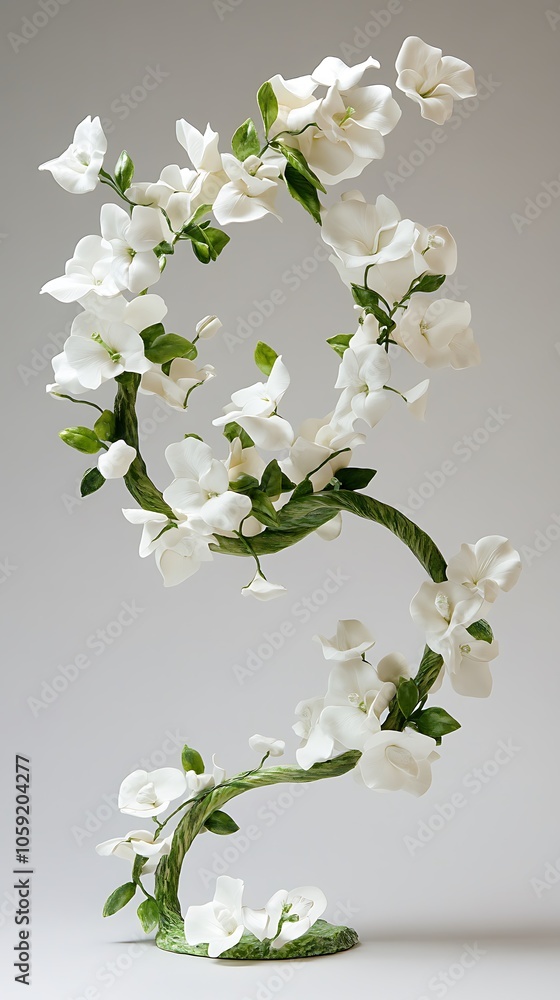 Fototapeta premium White Porcelain Flower Sculpture with Green Stems and Leaves