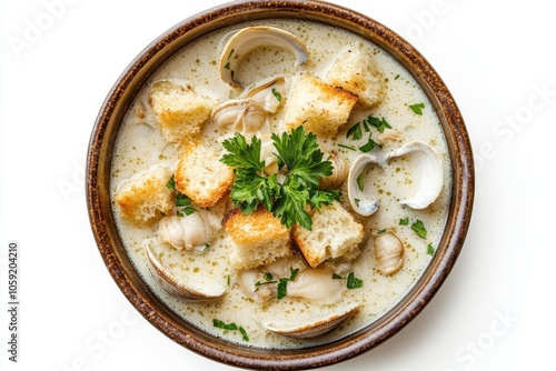 A top view of a bowl of clam chowder garnished with parsley and croutons against a white backdrop