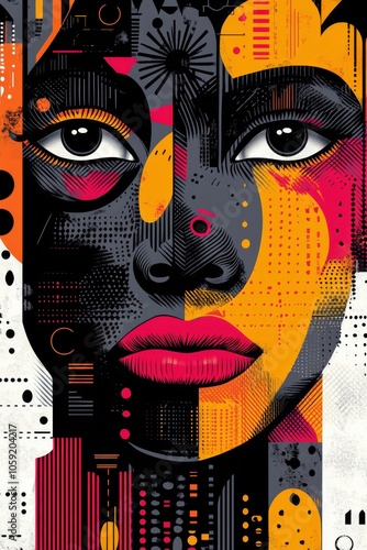 Bold abstract portrait featuring vibrant colors and geometric patterns