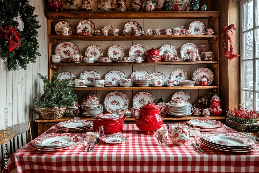 Charming country kitchen with a red and white checkered tablecloth, festive decorations for Christmas, Easter, or Valentine's Day, and a cozy dining room setting. Charming country kitchen with a red and white checkered tablecloth, festive decorations for Christmas, Easter, or Valentine's Day, and a cozy dining room setting.
