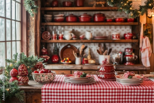 Wallpaper Mural Charming country kitchen with a red and white checkered tablecloth, festive decorations for Christmas, Easter, or Valentine's Day, and a cozy dining room setting. Torontodigital.ca