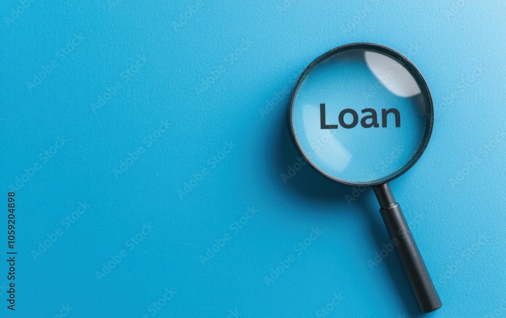 Magnifying glass emphasizing the word 'Loan' on a blue background, symbolizing finance and credit. Magnifying glass emphasizing the word 'Loan' on a blue background, symbolizing finance and credit.