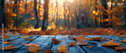 Wooden Tabletop With Fallen Leaves in Autumn Forest