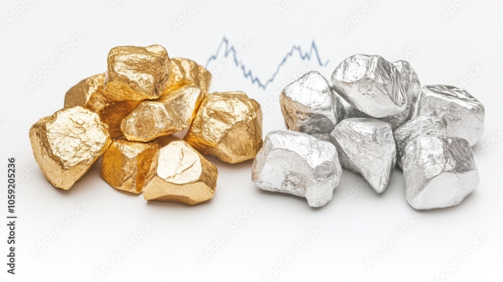 Gold and silver metal nuggets with price graph