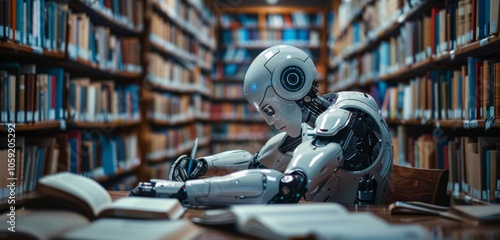 White Robot Writing Notes in a Library With Bookshelves