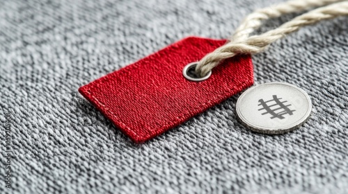 Close-Up of Red Tag on Textured Fabric Background