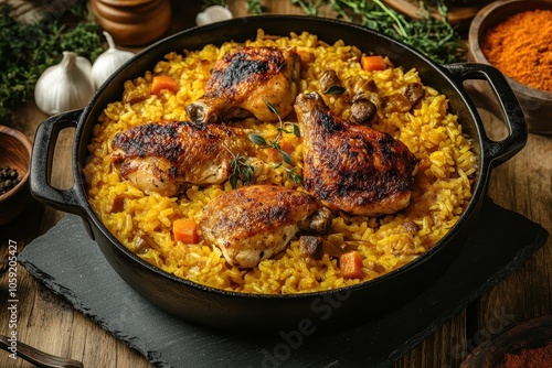 Aerial shot of Arroz con pollo in a black pot on a rustic wooden table featuring rice chicken and vegetables with ingredients on a slate board photo