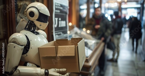 White Robot With a Laptop on a Table