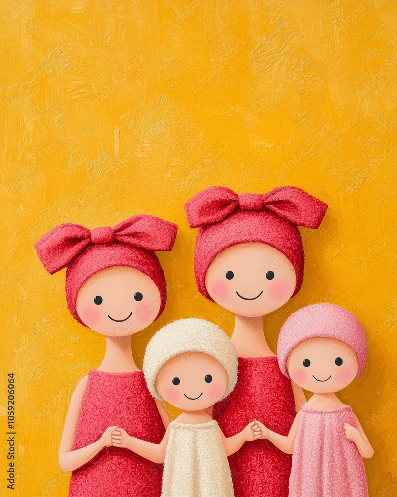 Fototapeta premium A cheerful family of playful dolls dressed in colorful towels, showcasing warmth and togetherness against a bright yellow background.