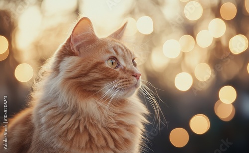 Orange tabby cat gazing thoughtfully amidst a warm sunset background in a ser...