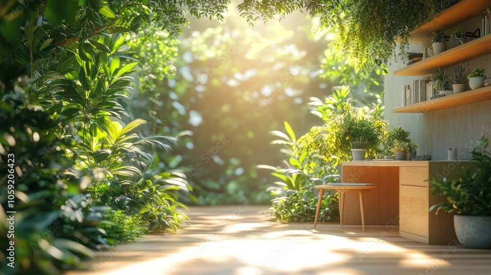 A wooden desk and chair sit in a sunlit room surrounded by lush green plants and an open doorway leading to a natural outdoor area.