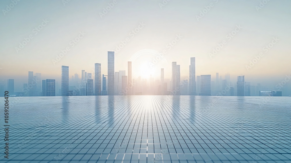Urban Illusion: Commercial CBD Skyline with Exhibition Platforms and E-Commerce Under a Brilliant Sun Urban Illusion: Commercial CBD Skyline with Exhibition Platforms and E-Commerce Under a Brilliant Sun