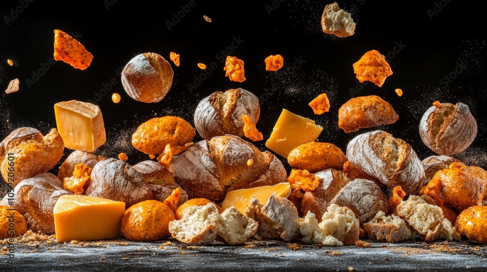 Vibrant pile of shredded cheddar cheese, a closeup on texture and color contrast against dark background Vibrant pile of shredded cheddar cheese, a closeup on texture and color contrast against dark background