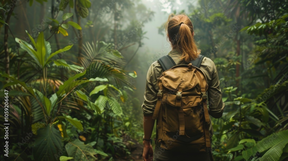 Explorer Hiking Through Dense Tropical Jungle. Explorer Hiking Through Dense Tropical Jungle.