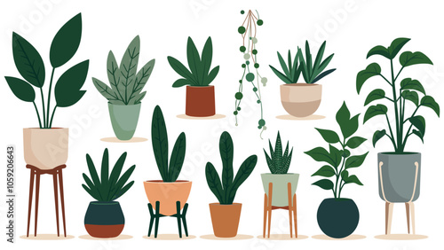 Pot plant set. Plants plastic decorative container and hanging styling indoor basket for potting tree urban garden vector collection