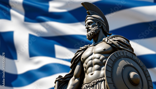 Statue of Leonidas with Greek flag background, featuring the iconic statue of King Leonidas of Sparta with the Greek flag, representing bravery and patriotism.