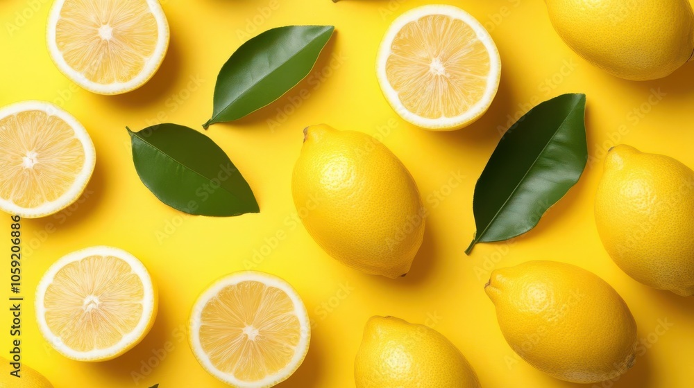 Whole lemons, slices, and leaves, vibrant yellow seamless pattern, summer joy Whole lemons, slices, and leaves, vibrant yellow seamless pattern, summer joy