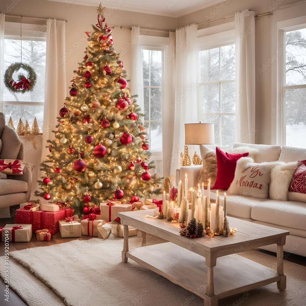 Obraz premium Christmas-Themed Living Room with Off-White Sofa and Decorated Tree in Red, Gold, and Pastel Ornaments with Warm Glow