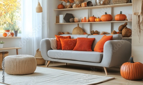 Cozy autumn living room with pumpkins and warm decorations in a sunny atmosphere