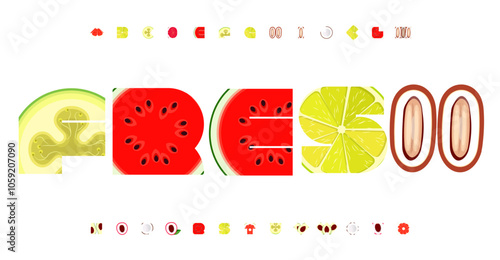 Playful fruit alphabet, juicy organic letters, fresh edible font for kid packaging, tasty headline, garden-inspired typography, nutritious design. Vector typeset.