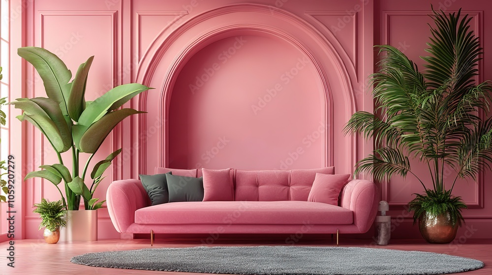 Obraz premium Bedroom pink interior Art deco style with sofa and green plants