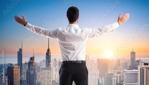 Man in a white shirt and black pants with his arms spread out in front of a cityscape - Outdoor 