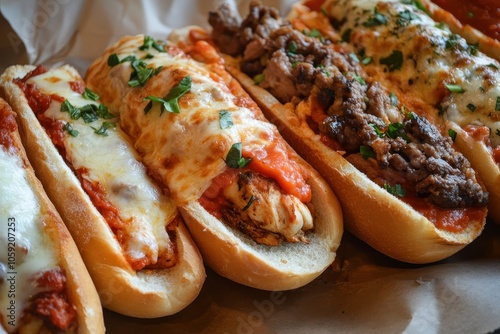 Assorted grilled subs with chicken beef cheese veggies and marinara photo