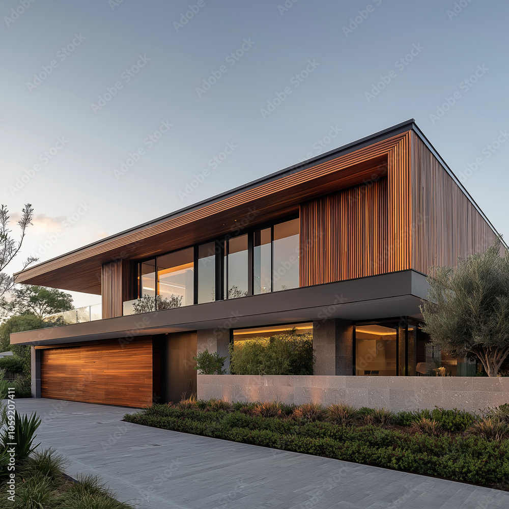 A wide-angle architectural shot of a modern house exterior with horizontal wooden plank cladding, arranged in sleek, AI Generated A wide-angle architectural shot of a modern house exterior with horizontal wooden plank cladding, arranged in sleek, AI Generated