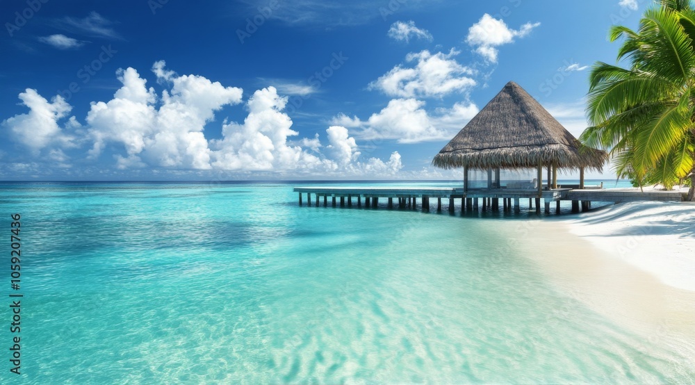 Tranquil beach with a thatched hut by the turquoise sea on a sunny day Tranquil beach with a thatched hut by the turquoise sea on a sunny day