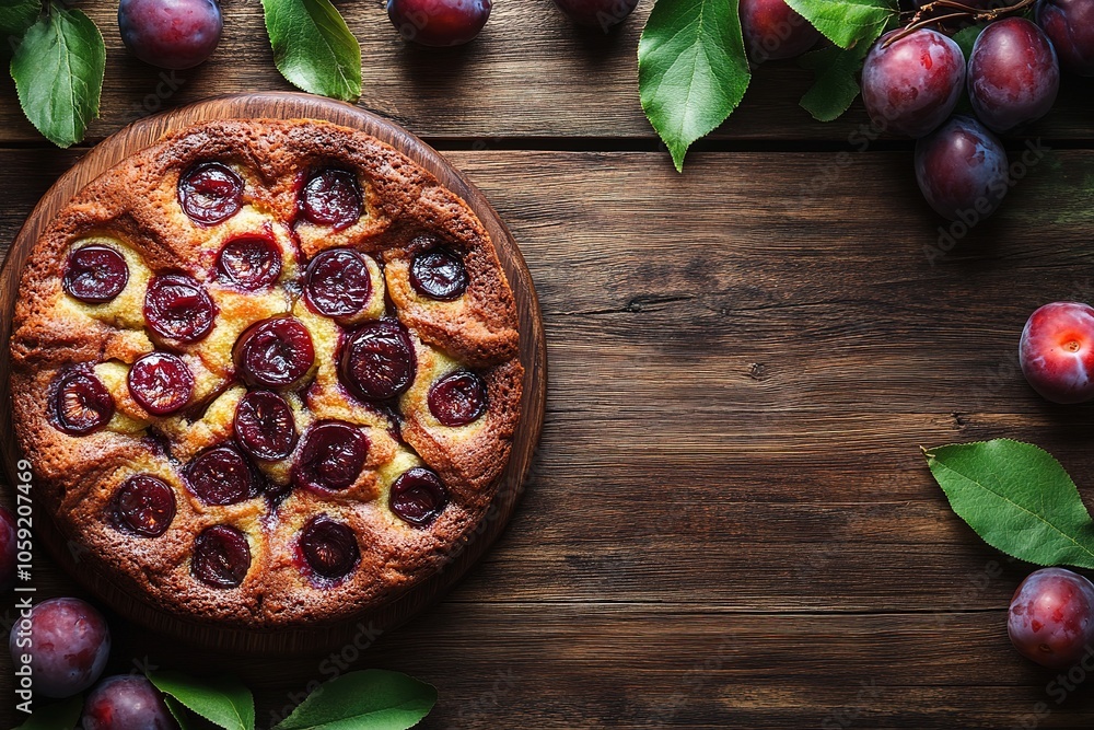 Homemade plum cake topped with juicy plum slices and a dusting of powdered sugar, served on a rustic wooden board for a cozy and delicious dessert presentation Homemade plum cake topped with juicy plum slices and a dusting of powdered sugar, served on a rustic wooden board for a cozy and delicious dessert presentation