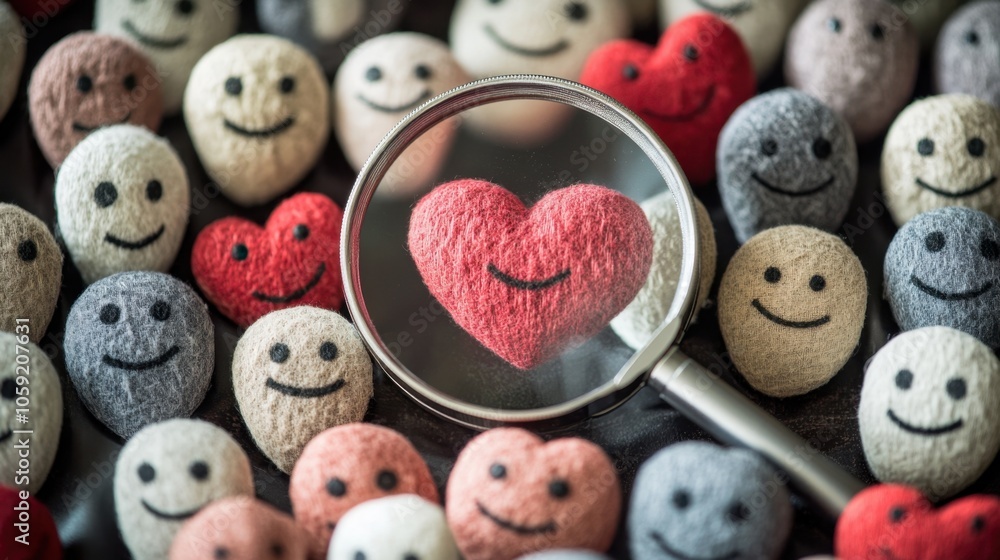 Heart Among Smiling Stones with Magnifying Glass Heart Among Smiling Stones with Magnifying Glass