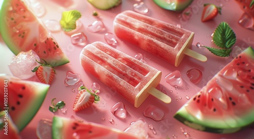 Two Watermelon Popsicles on Ice With Slices of Watermelon